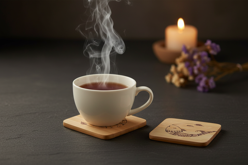 Bamboo Madhubani Coasters – Dark Marble Table with Tea