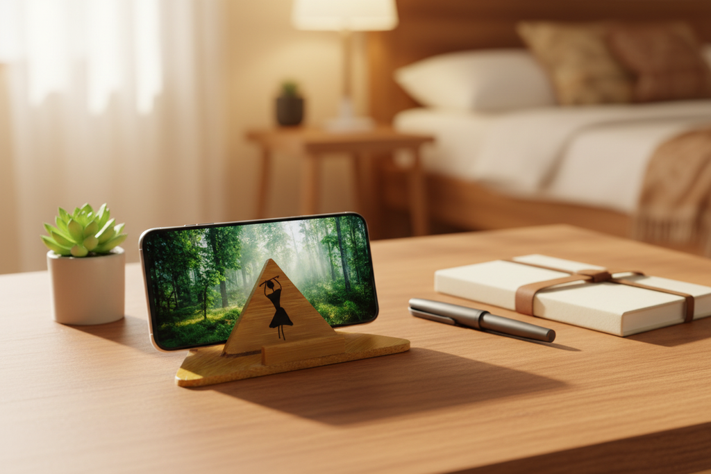 Bamboo Warli Mobile Stand – Lifestyle on Desk