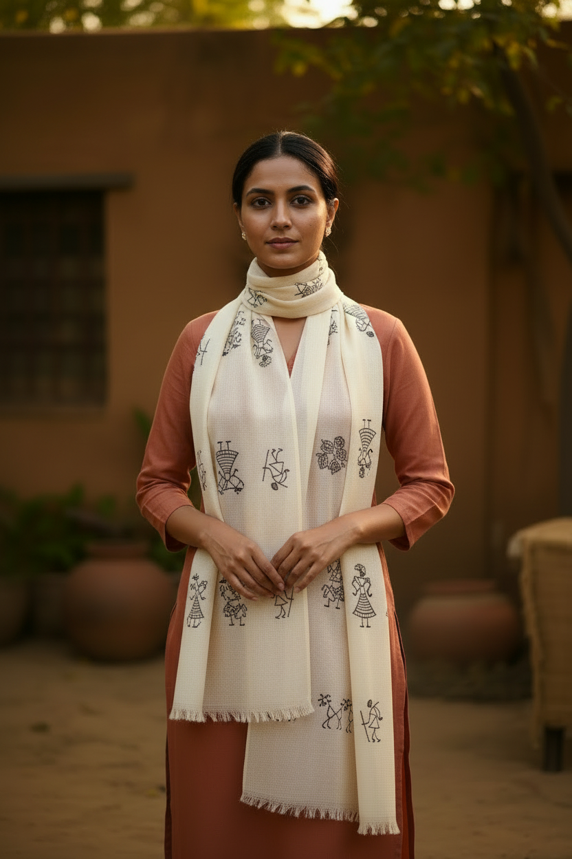 Cream Warli Stole - Short Length