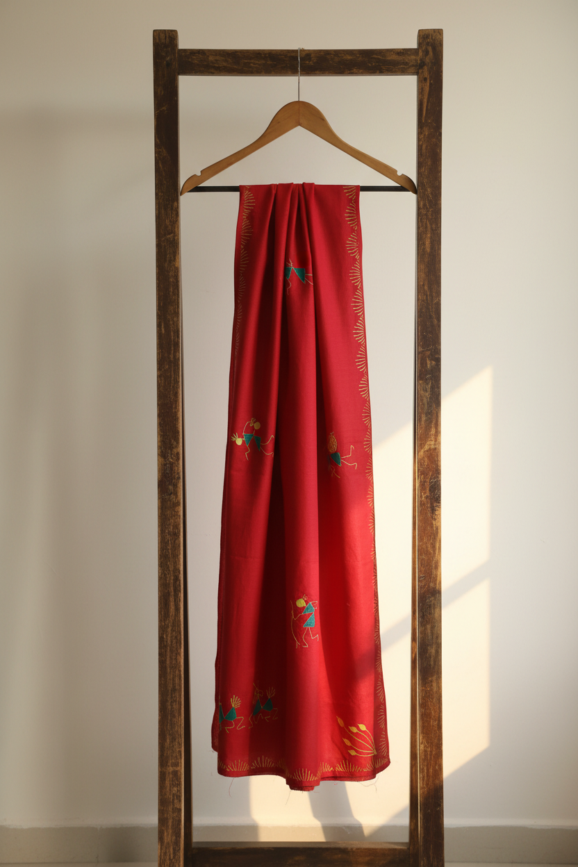 Red Dupatta Warli - Wooden Stand
