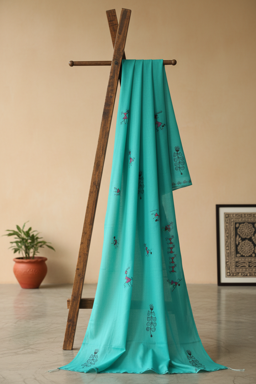 Teal Green Warli Dupatta on Wooden Stand