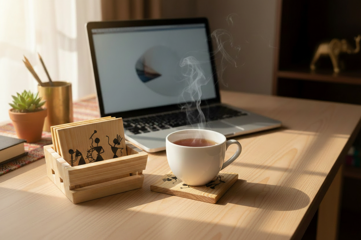 Warli Coaster Stand with 3 Coasters - Office Desk