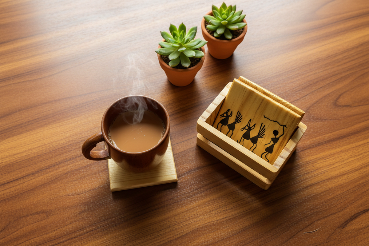 Warli Coasters on Desk with Plants